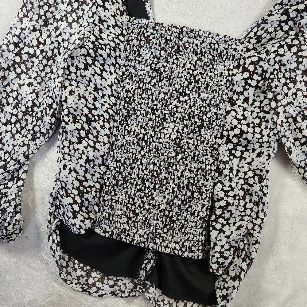 Abercrombie Fitch Puff Sleeve Smocked Black Floral Whimsigoth Peasant‎ Top M